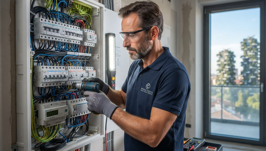 Tecnico specializzato esegue il cablaggio di un moderno quadro elettrico civile in un appartamento a Milano, con lo skyline della città visibile dalla finestra.