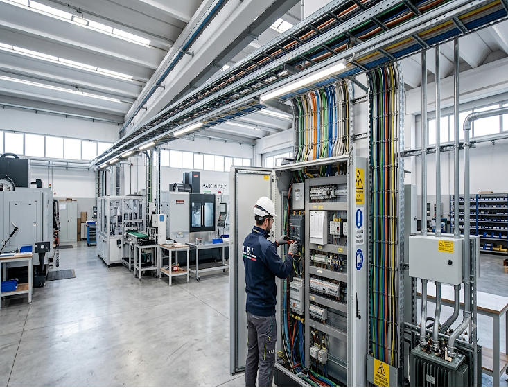 Installazione di un quadro elettrico industriale e cablaggio strutturato all'interno di un capannone aziendale a Milano.