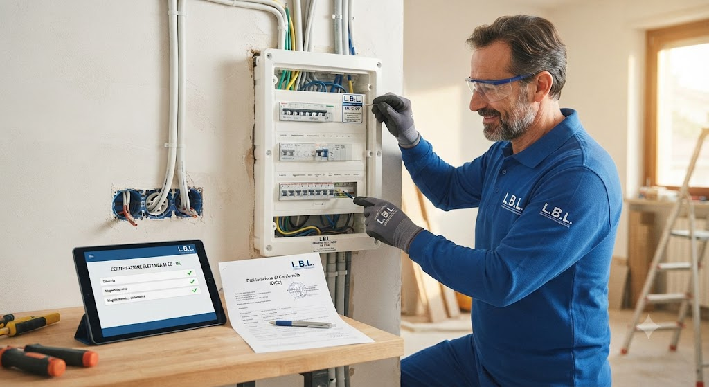 Rifacimento e rilascio della dichiarazione di conformità per un impianto elettrico civile a Milano da parte dell'impresa L.B.L.