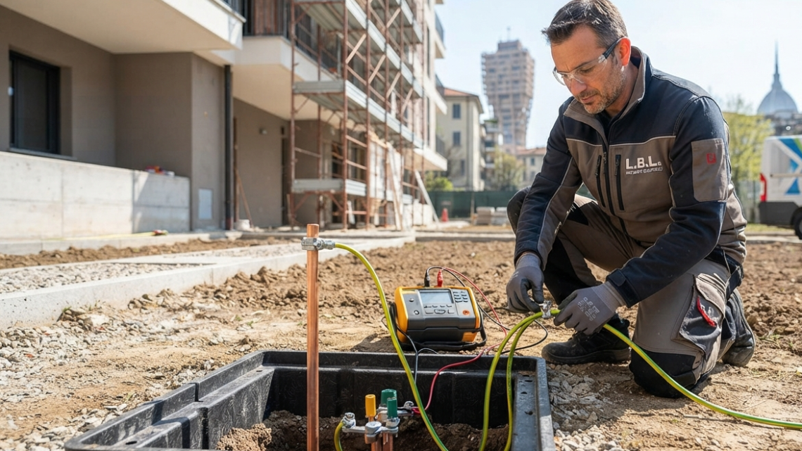 Tecnico specializzato L.B.L. esegue la verifica strumentale per il rifacimento dell'impianto di messa a terra a Milano.