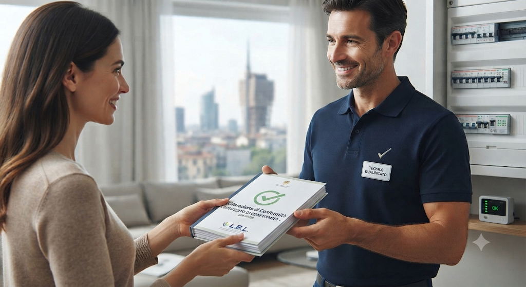 Elettricista qualificato consegna la dichiarazione di conformità dell'impianto elettrico a una cliente a Milano.