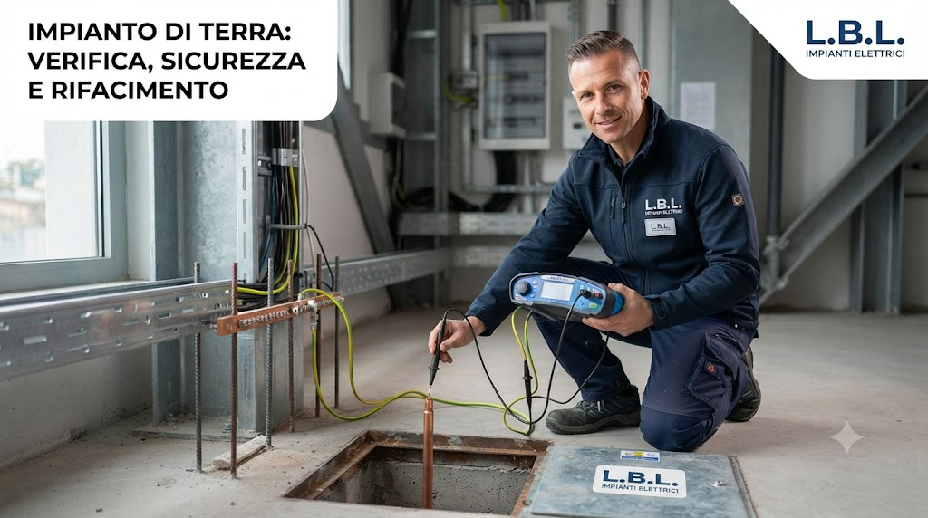 Tecnico di L.B.L. Impianti Elettrici esegue la verifica strumentale di un impianto di terra all'interno di un locale tecnico.