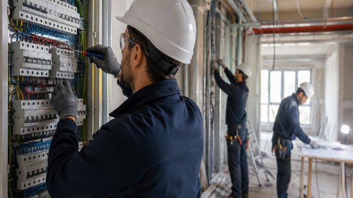 Un team di tecnici qualificati mentre installa un impianto elettrico completo all'interno di un edificio moderno in ristrutturazione. In primo piano un quadro elettrico aperto con cablaggi ordinati, strumenti professionali e dispositivi di sicurezza. Sullo sfondo si vedono altri operatori che coordinano i lavori. Ambiente luminoso, stile fotografico realistico, colori naturali, atmosfera professionale, formato orizzontale 16:9, senza persone che guardano in camera e senza testi sovrapposti.