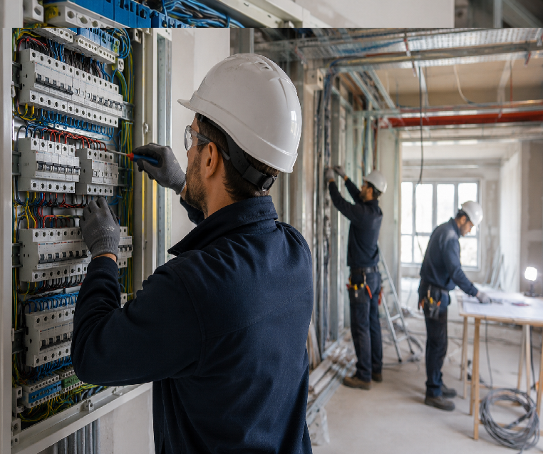 Un team di tecnici qualificati mentre installa un impianto elettrico completo all'interno di un edificio moderno in ristrutturazione. In primo piano un quadro elettrico aperto con cablaggi ordinati, strumenti professionali e dispositivi di sicurezza. Sullo sfondo si vedono altri operatori che coordinano i lavori. Ambiente luminoso, stile fotografico realistico, colori naturali, atmosfera professionale, formato orizzontale 16:9, senza persone che guardano in camera e senza testi sovrapposti.