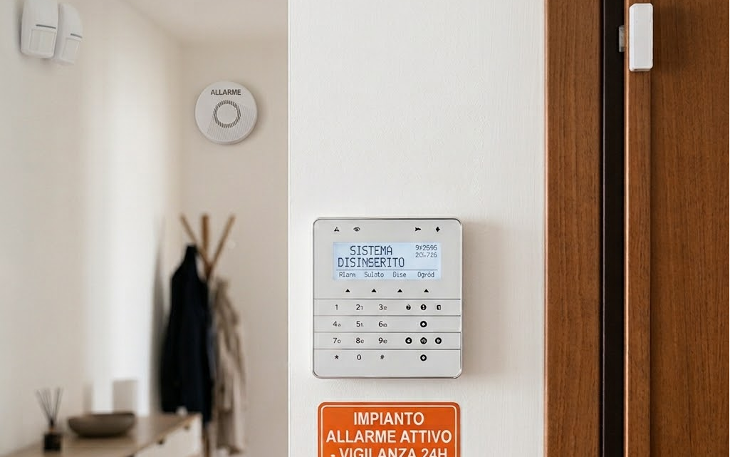 Un primo piano dettagliato sulla parete d'ingresso di un'abitazione moderna, dove sono installati un tastierino di controllo per sistema di allarme e un visibile adesivo rosso brillante che riporta la scritta: 'IMPIANTO ALLARME ATTIVO - VIGILANZA 24H'. Sulla destra si intravede una porta di legno con la sua maniglia. Sullo sfondo, leggermente sfocato, sono visibili altri sensori volumetrici volumetrici e un attaccapanni con vestiti.