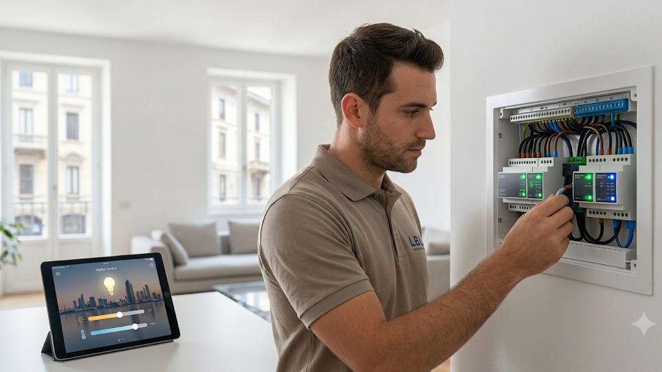 Un elettricista professionista che configura moduli domotici smart all'interno di un quadro elettrico residenziale moderno a Milano.