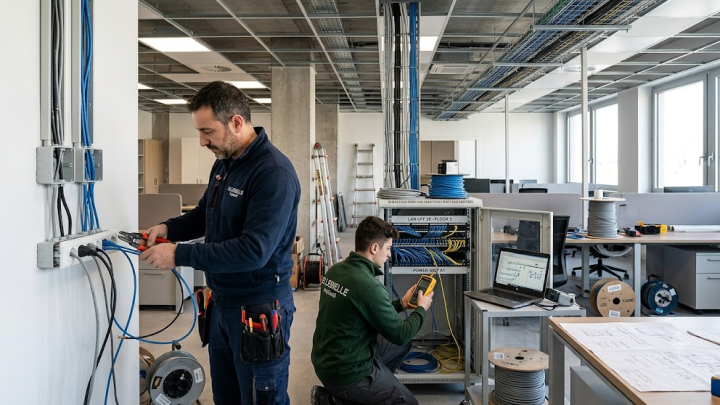 un grande ufficio open-space in fase di ristrutturazione, due tecnici della ditta lavorano all'installazione dell'infrastruttura di rete e cablaggio strutturato.
