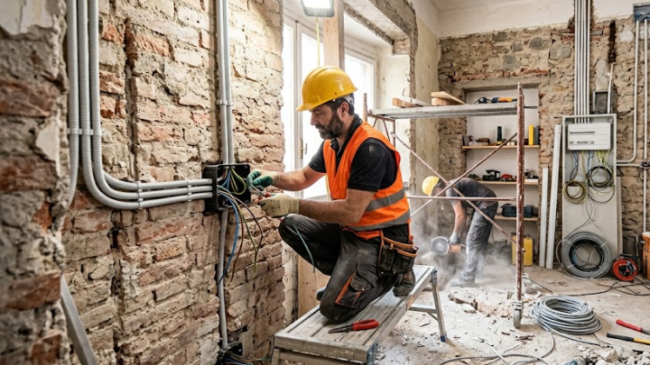 Cantiere di ristrutturazione con tecnici al lavoro per il coordinamento dell'impianto elettrico