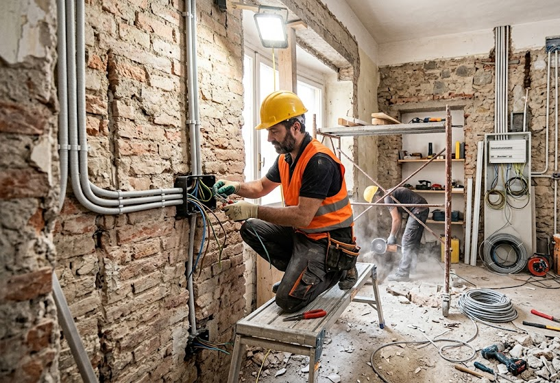 Cantiere di ristrutturazione con tecnici al lavoro per il coordinamento dell'impianto elettrico