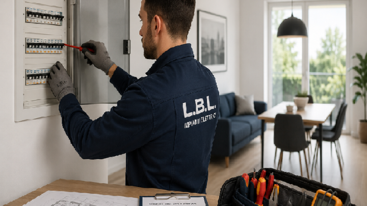 Tecnico specializzato verifica il quadro elettrico di un appartamento prima della vendita o della locazione dell'immobile.