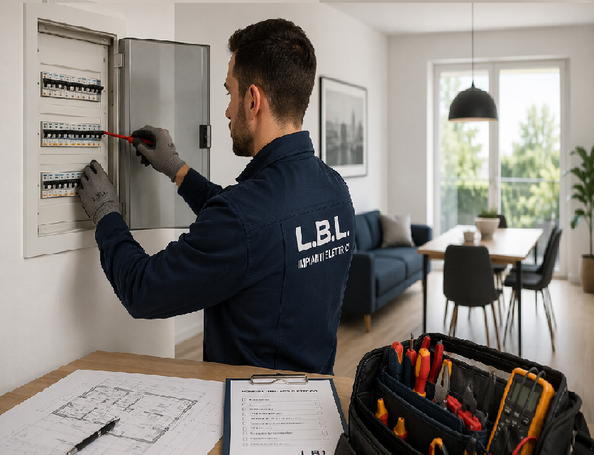 Tecnico specializzato verifica il quadro elettrico di un appartamento prima della vendita o della locazione dell'immobile.