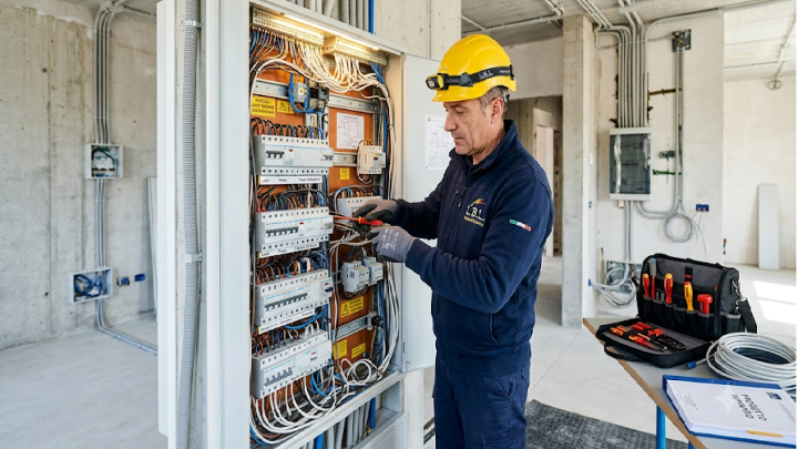 Un elettricista professionista della L.B.L. lavora con precisione all'interno di un complesso quadro elettrico generale aperto. L'uomo indossa una divisa da lavoro blu scuro con il logo 'L.B.L. Impianti Elettrici' ricamato e un casco di sicurezza giallo dotato di luce frontale. La sua espressione è concentrata mentre ordina e connette con cura numerosi cavi multicolore (bianchi, neri, blu, marroni) ai vari componenti e interruttori magnetotermici (visibili etichette come 'Luce', 'Prese', 'Forza Motrice'). Lo scenario è un ambiente industriale/costruttivo, con pareti di cemento a vista, canaline e tubazioni flessibili sullo sfondo, e un banco da lavoro ordinato con attrezzi professionali (cacciaviti, spellafili) e un faldone di progetti tecnici. La luce naturale proviene da una finestra e illumina efficacemente l'area di lavoro. La composizione mette in risalto la complessità dell'impianto e l'accuratezza dell'intervento.