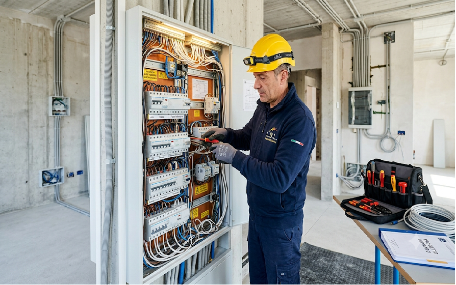 Un elettricista professionista della L.B.L. lavora con precisione all'interno di un complesso quadro elettrico generale aperto. L'uomo indossa una divisa da lavoro blu scuro con il logo 'L.B.L. Impianti Elettrici' ricamato e un casco di sicurezza giallo dotato di luce frontale. La sua espressione è concentrata mentre ordina e connette con cura numerosi cavi multicolore (bianchi, neri, blu, marroni) ai vari componenti e interruttori magnetotermici (visibili etichette come 'Luce', 'Prese', 'Forza Motrice'). Lo scenario è un ambiente industriale/costruttivo, con pareti di cemento a vista, canaline e tubazioni flessibili sullo sfondo, e un banco da lavoro ordinato con attrezzi professionali (cacciaviti, spellafili) e un faldone di progetti tecnici. La luce naturale proviene da una finestra e illumina efficacemente l'area di lavoro. La composizione mette in risalto la complessità dell'impianto e l'accuratezza dell'intervento.