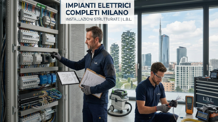 Una foto professionale di due tecnici specializzati L.B.L. che lavorano su un'installazione integrata di sistemi elettrici e di rete in un moderno ufficio con vista panoramica su Milano. Il tecnico in piedi a sinistra consulta un tablet mentre esegue test su un pannello di distribuzione elettrica ordinato. Il tecnico in ginocchio a destra sta terminando e testando cavi in fibra ottica su un banco di lavoro, utilizzando strumenti diagnostici specializzati. Un testo sovrapposto in alto a sinistra in un riquadro bianco recita: 'IMPIANTI ELETTRICI COMPLETI MILANO' e sotto 'INSTALLAZIONI STRUTTURATE | L.B.L.'. Sullo sfondo, attraverso una grande finestra, è visibile lo spettacolare skyline di Milano, incluse le torri del Bosco Verticale.