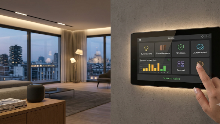 Vista interna di un appartamento moderno e luminoso a Milano. In primo piano, un'elegante interfaccia touch screen incassata nel muro che mostra grafici di consumo energetico e icone pulite per il controllo di luci, tapparelle e automazioni domestiche. Sullo sfondo, un soggiorno accogliente e minimalista con illuminazione a LED d'accento.