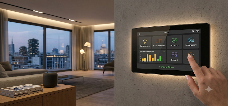 Vista interna di un appartamento moderno e luminoso a Milano. In primo piano, un'elegante interfaccia touch screen incassata nel muro che mostra grafici di consumo energetico e icone pulite per il controllo di luci, tapparelle e automazioni domestiche. Sullo sfondo, un soggiorno accogliente e minimalista con illuminazione a LED d'accento.