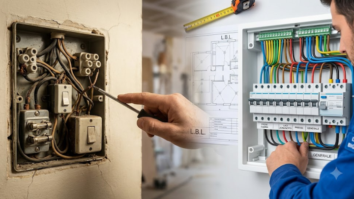 Cavi elettrici usurati e obsoleto quadro elettrico datato vs. moderno centralino a norma con interruttori salvavita e cablaggio ordinato, installato da un elettricista L.B.L. a Milano.