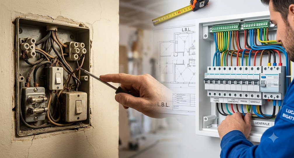 Cavi elettrici usurati e obsoleto quadro elettrico datato vs. moderno centralino a norma con interruttori salvavita e cablaggio ordinato, installato da un elettricista L.B.L. a Milano.