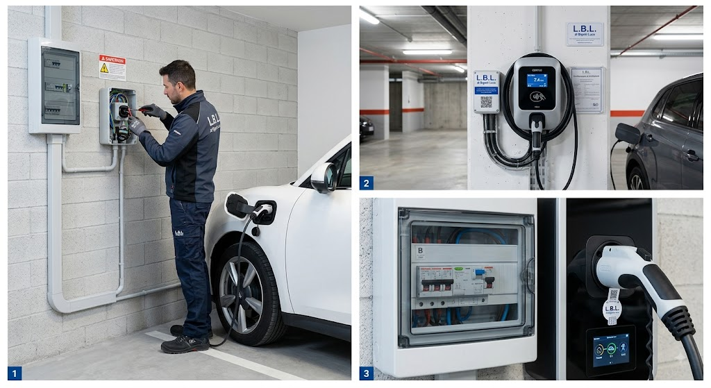 Un tecnico qualificato L.B.L. esegue la verifica tecnica e il test su un pannello di gestione dinamica del carico per l'installazione colonnine ricarica Milano, assicurando una ricarica domestica sicura ed efficiente