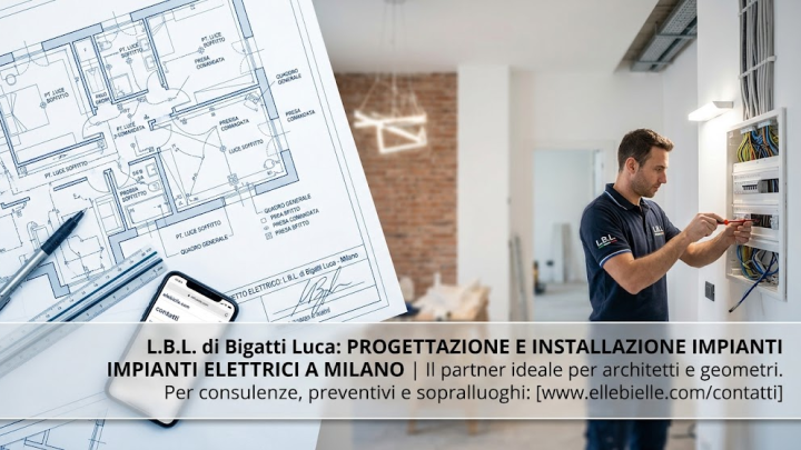 Planimetria di un impianto elettrico con punti luce affiancata da un tecnico L.B.L. al lavoro sul quadro elettrico durante una ristrutturazione a Milano.