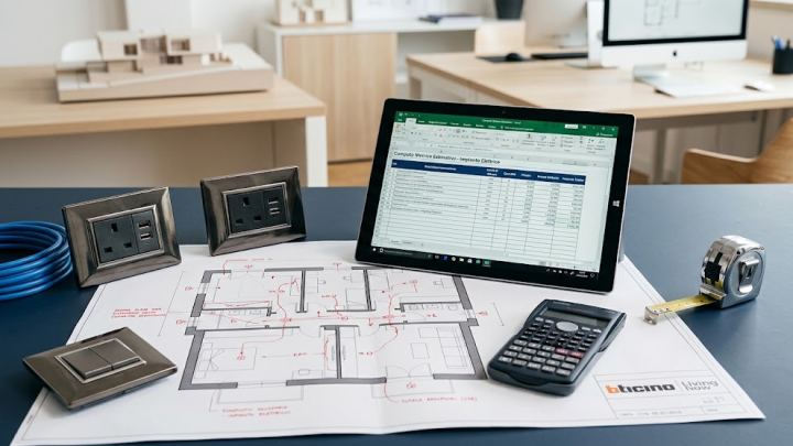 Una scrivania da ufficio professionale organizzata con strumenti per la progettazione elettrica, tra cui un tablet che visualizza un computo metrico in italiano, una planimetria annotata, prese elettriche bticino, un rotolo di cavo blu, una calcolatrice e un metro a nastro. Sullo sfondo sfocato, un moderno ufficio con un modello architettonico.