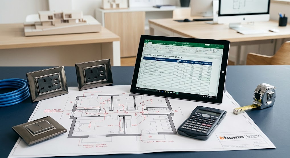Una scrivania da ufficio professionale organizzata con strumenti per la progettazione elettrica, tra cui un tablet che visualizza un computo metrico in italiano, una planimetria annotata, prese elettriche bticino, un rotolo di cavo blu, una calcolatrice e un metro a nastro. Sullo sfondo sfocato, un moderno ufficio con un modello architettonico.