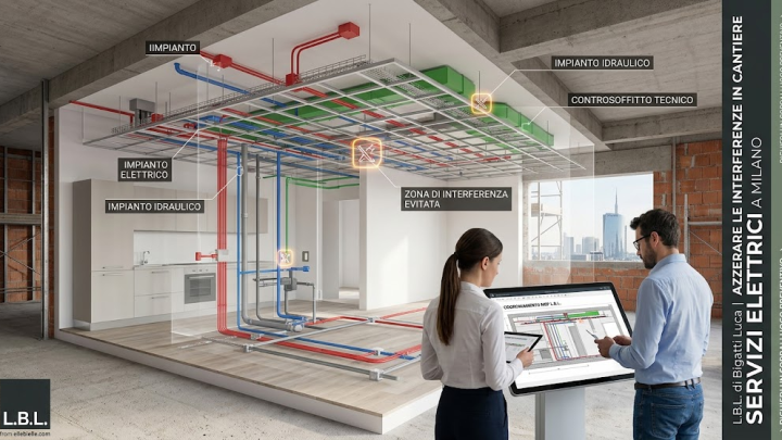 Modello 3D per coordinamento MEP e prevenzione interferenze tra impianto elettrico e idraulico in cantiere