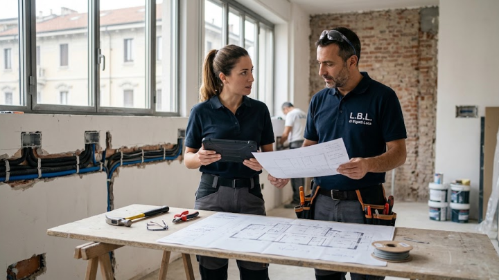 Confronto tecnico tra preventivi dell'impianto elettrico: architetto ed elettricista esaminano tavole di progetto in cantiere a Milano.