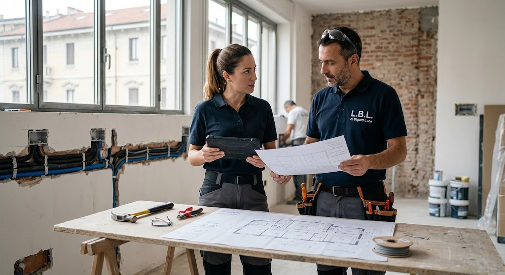Confronto tecnico tra preventivi dell'impianto elettrico: architetto ed elettricista esaminano tavole di progetto in cantiere a Milano.