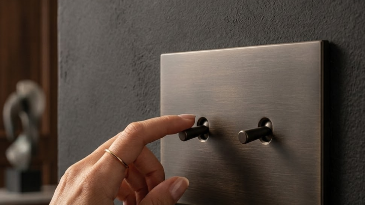 Placca elettrica in metallo scuro con comandi a levetta stile retrò, installata a regola d'arte da L.B.L. di Bigatti Luca a Milano.