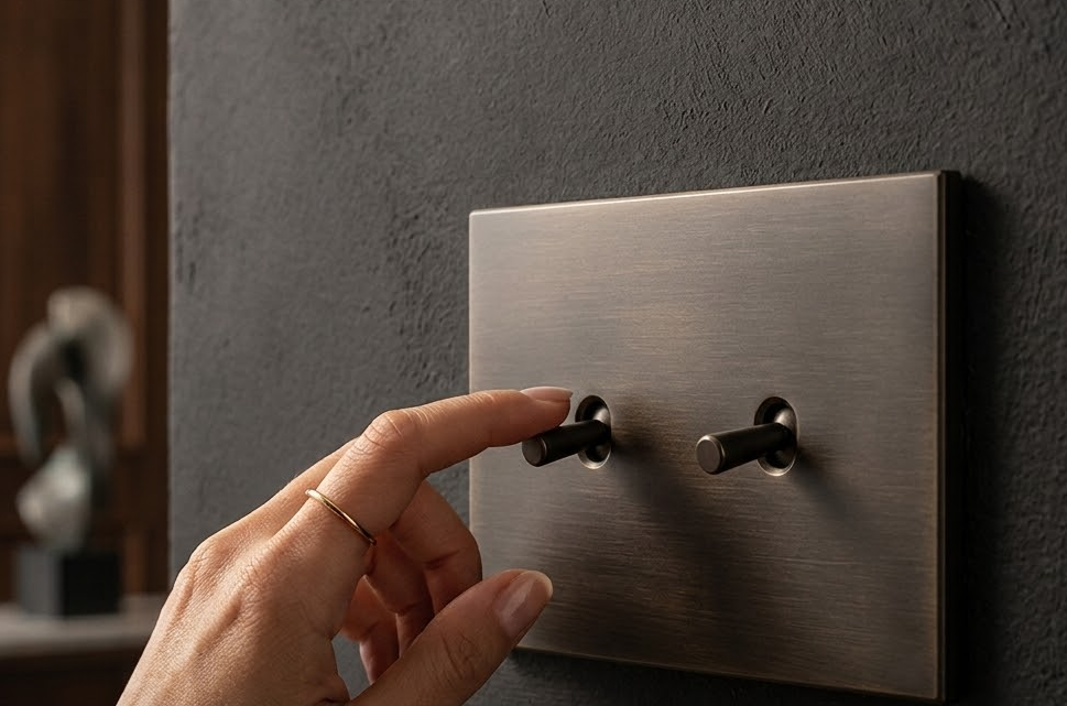 Placca elettrica in metallo scuro con comandi a levetta stile retrò, installata a regola d'arte da L.B.L. di Bigatti Luca a Milano.