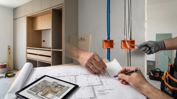 Composizione a doppia visualizzazione per la ristrutturazione d'interni a Milano: a sinistra, un mobile moderno a parete e un tablet con render 3D di una planimetria arredata; a destra, un cantiere in corso con due scatole di derivazione elettriche su parete grezza, un tecnico al lavoro, e un architetto che annota una planimetria cartacea tecnica dettagliata con annotazioni