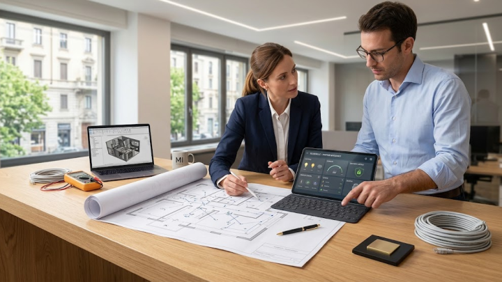 "Due professionisti in un ufficio moderno collaborano a un tavolo da conferenza. L'uomo, con occhiali e camicia blu, indica un'icona di illuminazione su un tablet con interfaccia domotica. La donna, con blazer, osserva mentre esaminano planimetrie architettoniche cartacee, un laptop con modello 3D, cavi e un multimetro. La stanza è luminosa con vista sulla città."