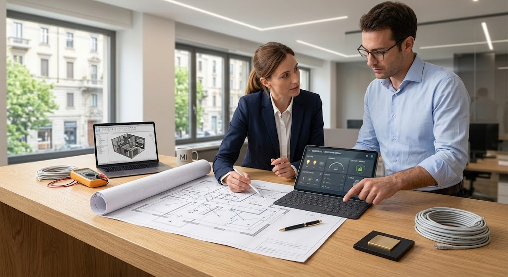 "Due professionisti in un ufficio moderno collaborano a un tavolo da conferenza. L'uomo, con occhiali e camicia blu, indica un'icona di illuminazione su un tablet con interfaccia domotica. La donna, con blazer, osserva mentre esaminano planimetrie architettoniche cartacee, un laptop con modello 3D, cavi e un multimetro. La stanza è luminosa con vista sulla città."