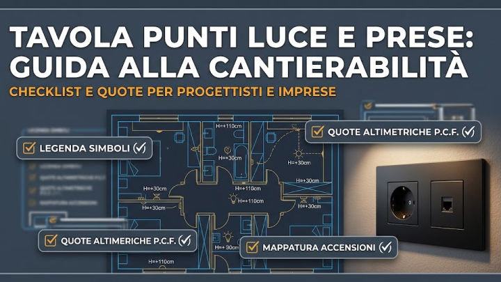 "Un banner infografico professionale per un articolo su come preparare una tavola punti luce. Il titolo principale recita 'TAVOLA PUNTI LUCE E PRESE: GUIDA ALLA CANTIERABILITÀ', con il sottotitolo 'CHECKLIST E QUOTE PER PROGETTISTI E IMPRESE'. L'immagine mostra una planimetria architettonica con quote tecniche e simboli elettrici, e a destra una moderna placca elettrica con presa Schuko e dati. Tre tag checklist sovrapposti con spunte indicano: 'LEGENDA SIMBOLI', 'QUOTE ALTIMETRICHE P.C.F.' e 'MAPPATURA ACCENSIONI'. Il design è pulito e tecnico."