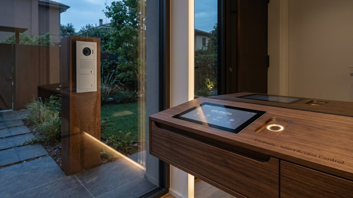 Fotografia d'interni di un ingresso residenziale moderno e tecnologico. Sulla destra, una console sospesa in legno di noce con un display touch screen incassato che mostra un'interfaccia di controllo 'ElleBielle' e un lettore biometrico luminoso. Sul bordo anteriore del mobile è incisa la scritta 'ElleBielle - Smart Access Control'. Attraverso un'ampia vetrata, si vede un patio esterno lastricato, illuminato da una striscia LED a pavimento e da luci d'atmosfera. Su un elemento strutturale in acciaio corten a sinistra è montato un videocitofono esterno modulare.
