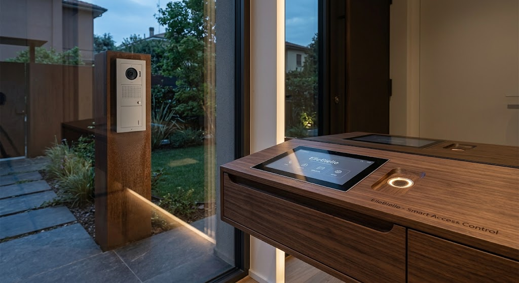 Fotografia d'interni di un ingresso residenziale moderno e tecnologico. Sulla destra, una console sospesa in legno di noce con un display touch screen incassato che mostra un'interfaccia di controllo 'ElleBielle' e un lettore biometrico luminoso. Sul bordo anteriore del mobile è incisa la scritta 'ElleBielle - Smart Access Control'. Attraverso un'ampia vetrata, si vede un patio esterno lastricato, illuminato da una striscia LED a pavimento e da luci d'atmosfera. Su un elemento strutturale in acciaio corten a sinistra è montato un videocitofono esterno modulare.