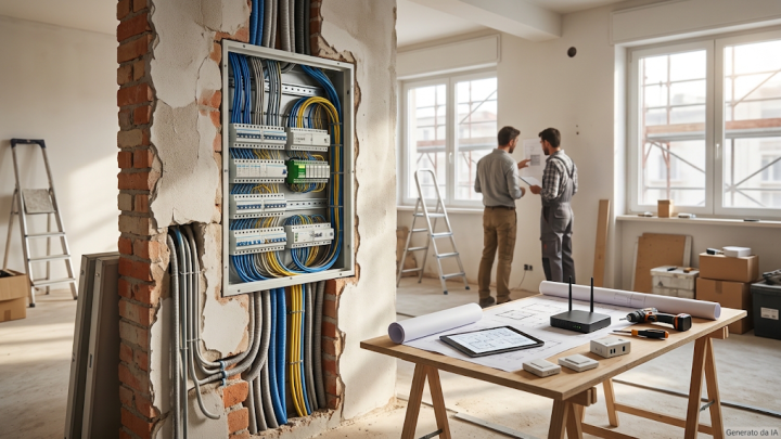 "Un cantiere di ristrutturazione d'interni che mostra l'integrazione di impianti tecnologici. Sulla sinistra, una parete in muratura parzialmente al grezzo ospita un grande quadro elettrico e domotico aperto, con un cablaggio filare (BUS) ordinato, moduli DIN e numerose canalizzazioni e corrugati visibili che entrano ed escono dalla traccia. In primo piano a destra, su un tavolo da lavoro in legno, sono posati progetti cartacei arrotolati, un tablet con disegni tecnici e un gateway/router wireless, a simboleggiare la convergenza tra domotica cablata e senza fili. Sullo sfondo, un progettista e un installatore in abiti da lavoro discutono i dettagli del progetto vicino a una grande finestra